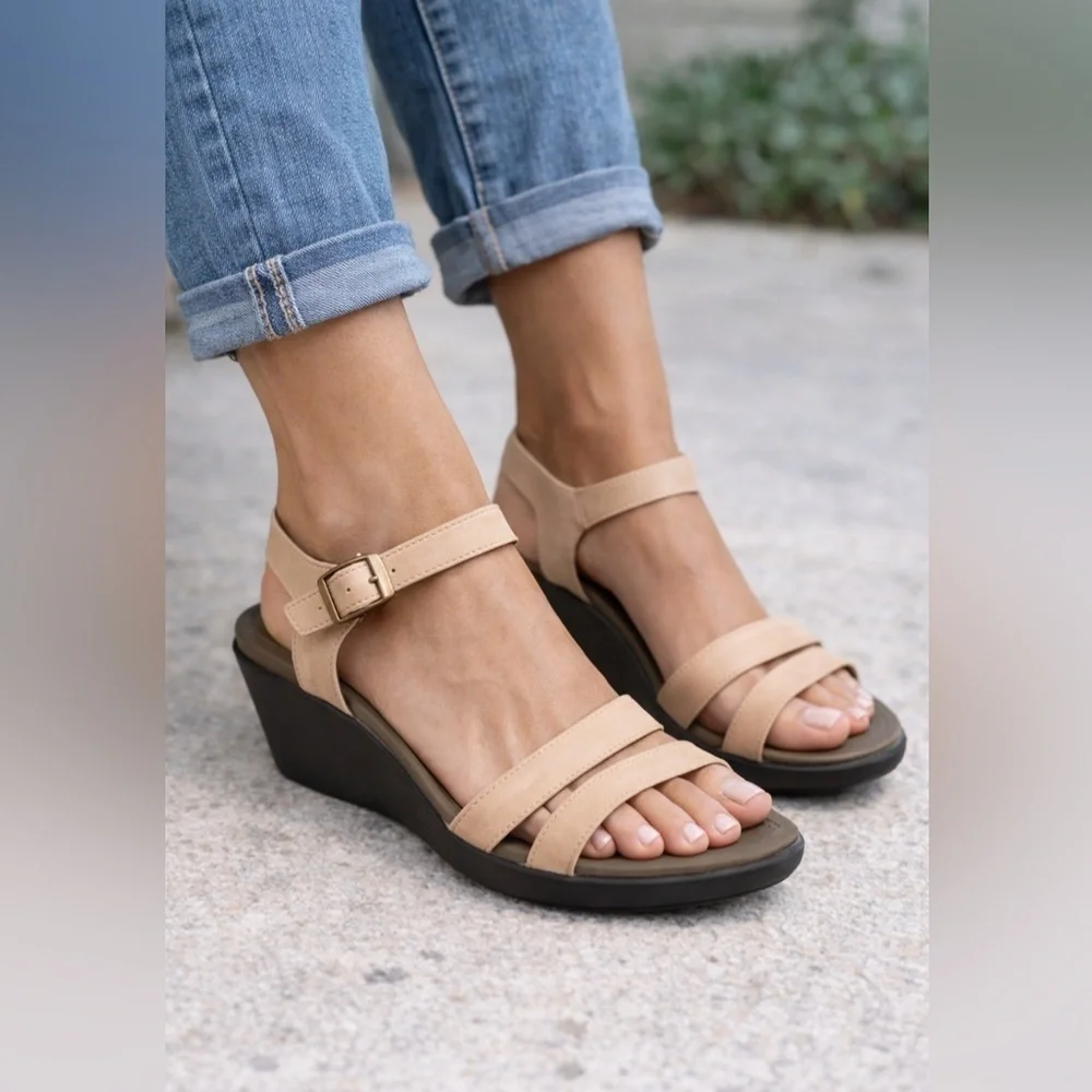 CROCS Tan and Black Wedge Sandals